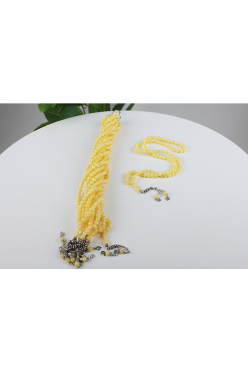 8 mm Beyrut 99’lu Namaz Tesbihi – Canlı Sarı Renkli, Gümüş Renk Metal Püsküllü ve Kaliteli Hediyelik Zikir Tesbihi