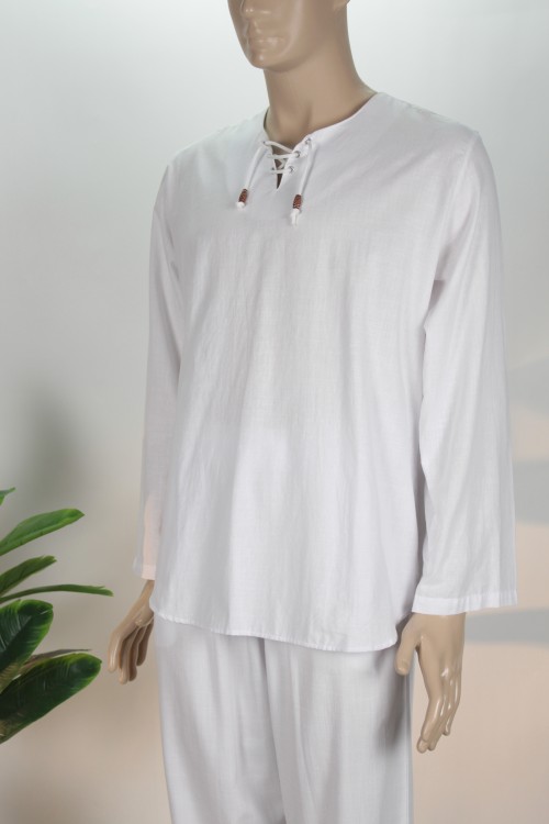 Beyaz İnce Lüx Keten İpli Gömlek – Nefes Alan Doğal Kumaş ve Bohem Tasarım Erkek Gömleği