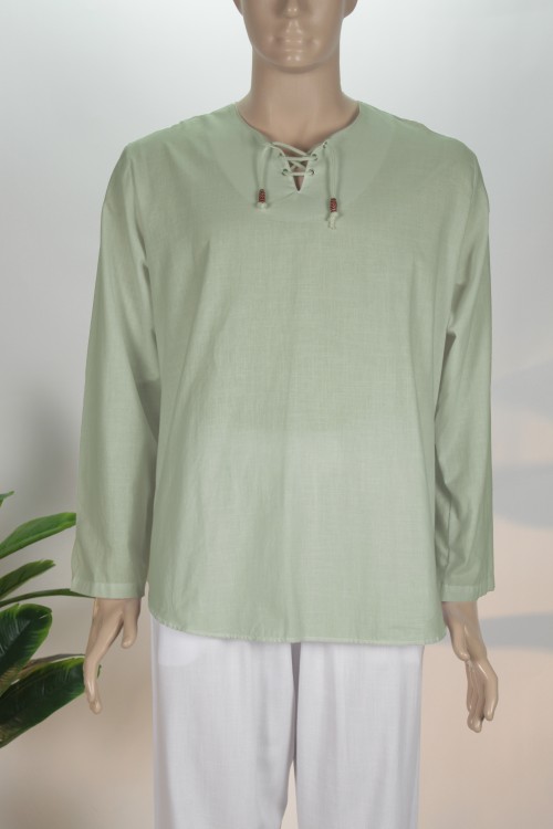 Yeşil İnce Lüx Keten İpli Gömlek – Nefes Alan Doğal Kumaş ve Bohem Tasarım Erkek Gömleği