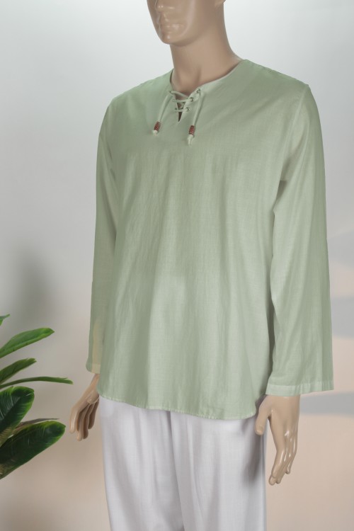 Yeşil İnce Lüx Keten İpli Gömlek – Nefes Alan Doğal Kumaş ve Bohem Tasarım Erkek Gömleği