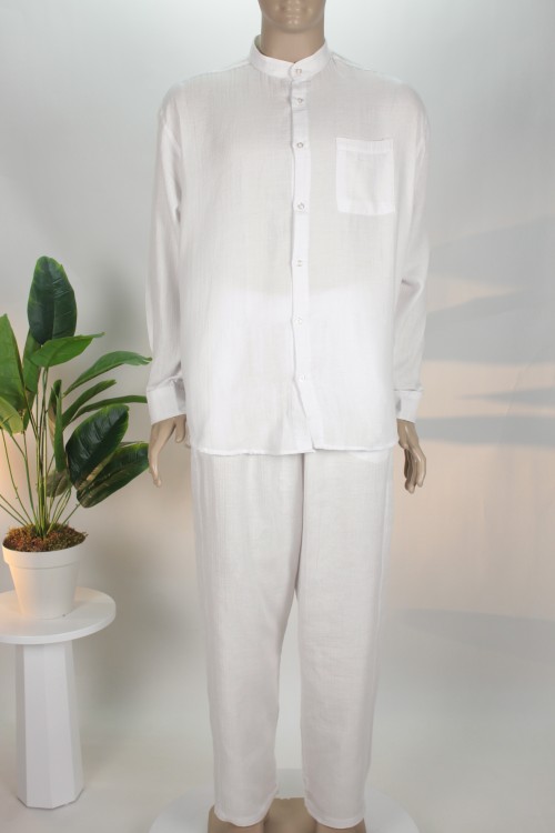 Kırık Beyaz Müslin Pamuk İkili Takım – %100 Doğal Doku ve Ekstra Salaş Kesim Rahat Erkek Takımı