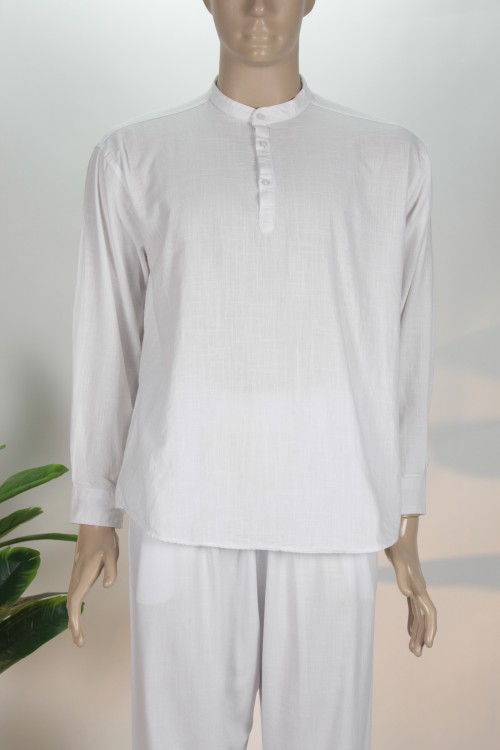 Beyaz Yarım Düğmeli Keten Gömlek – Nefes Alan Doğal Kumaş Rahat Kesim Erkek Gömleği