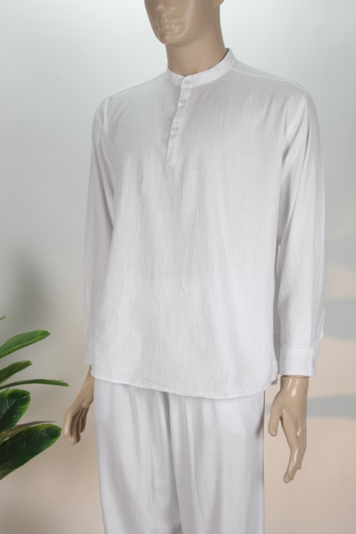 Beyaz Yarım Düğmeli Keten Gömlek – Nefes Alan Doğal Kumaş Rahat Kesim Erkek Gömleği
