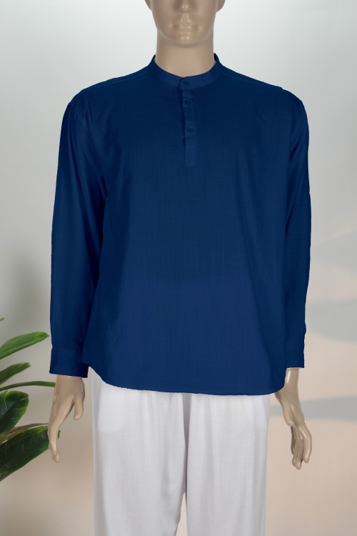 Lacivert Yarım Düğmeli Keten Gömlek – Nefes Alan Doğal Kumaş Rahat Kesim Erkek Gömleği