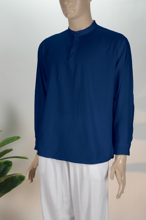 Lacivert Yarım Düğmeli Keten Gömlek – Nefes Alan Doğal Kumaş Rahat Kesim Erkek Gömleği