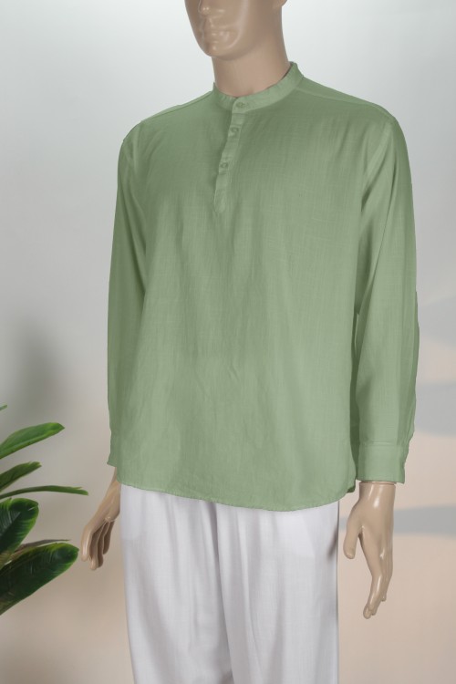 Yeşil Yarım Düğmeli Keten Gömlek – Nefes Alan Doğal Kumaş Rahat Kesim Erkek Gömleği