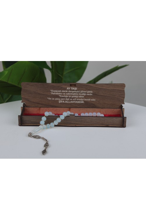 Ay Taşı Özel Ahşap Kutulu Doğal Taş Tespih Serisi – Şifalı ve Estetik Koleksiyon