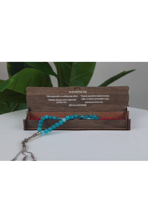 Blue Apatit Taşı Özel Ahşap Kutulu Doğal Taş Tespih Serisi – Şifalı ve Estetik Koleksiyon