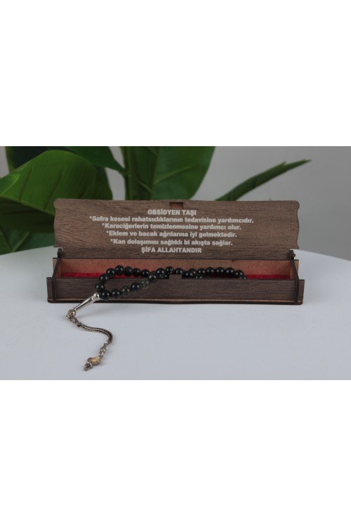 Obsidyen Taşı Özel Ahşap Kutulu Doğal Taş Tespih Serisi – Şifalı ve Estetik Koleksiyon