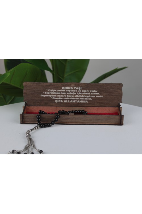 Oniks Taşı Özel Ahşap Kutulu Doğal Taş Tespih Serisi – Şifalı ve Estetik Koleksiyon