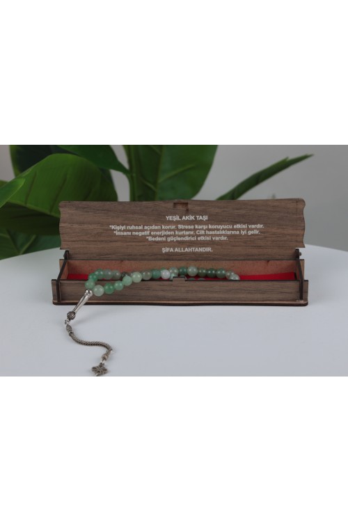 Yeşil Akik Taşı Özel Ahşap Kutulu Doğal Taş Tespih Serisi – Şifalı ve Estetik Koleksiyon