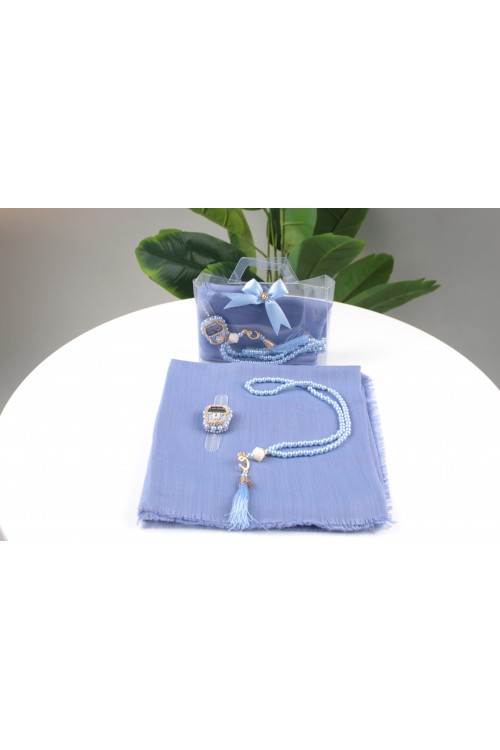 Mavi Yazmalı Üçlü İbadet Seti – Mevlüt, Hac ve Umre İçin Şık Hediyelik Set