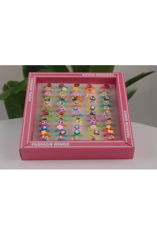Pembe Kutulu Renkli ve Işıltılı Ayarlanabilir Çocuk Yüzükleri – 60'lı Ekonomik Paket-1