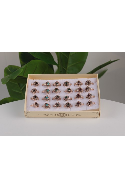 Sarı Kutulu 1. Sınıf Lüx Taşlı Bayan Yüzük Seti – 24’lü Özel Kutulu ve Renkli Seçenekli-1