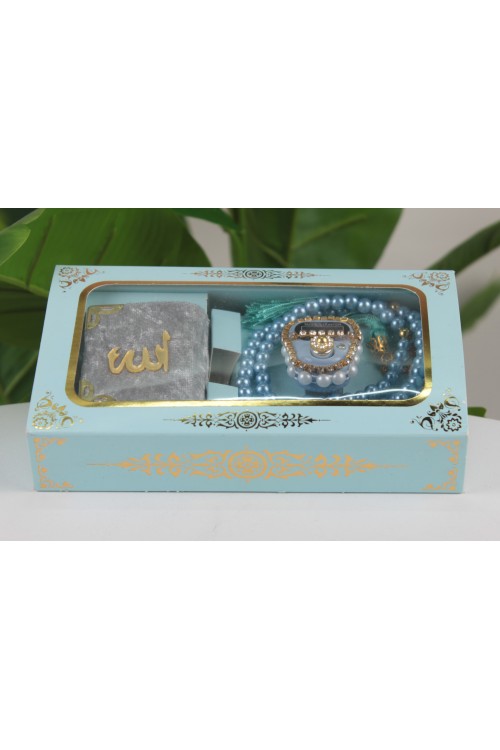 Açık Mavi Lüx Üçlü Manevi Hediye Seti – Mini Kuran-ı Kerim, Taşlı Zikirmatik ve İnci Tespih