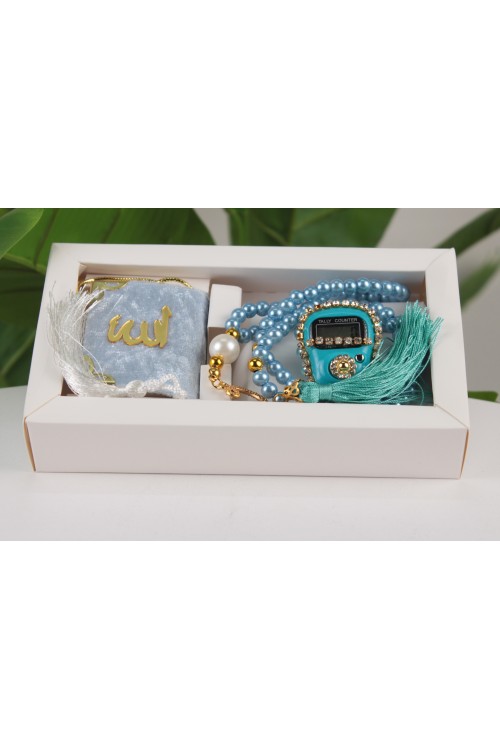 Beyaz Lüx Üçlü Manevi Hediye Seti – Mini Kuran-ı Kerim, Taşlı Zikirmatik ve İnci Tespih