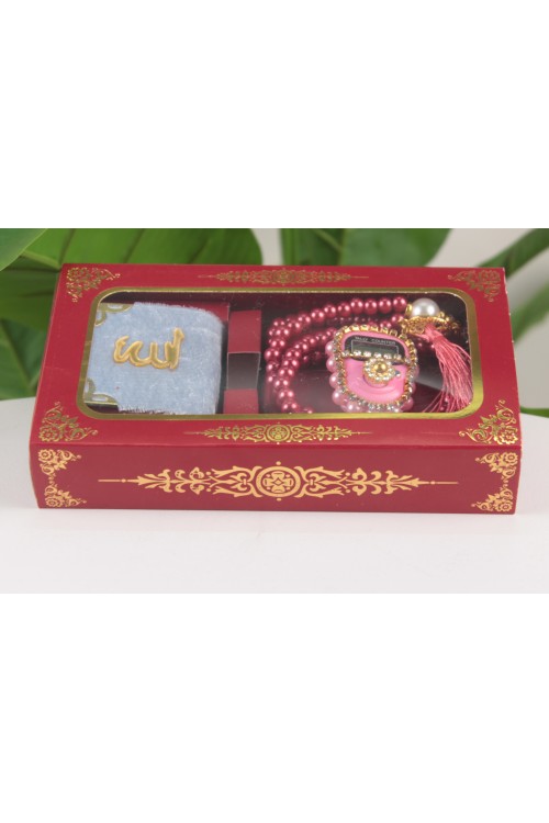 Bordo Lüx Üçlü Manevi Hediye Seti – Mini Kuran-ı Kerim, Taşlı Zikirmatik ve İnci Tespih