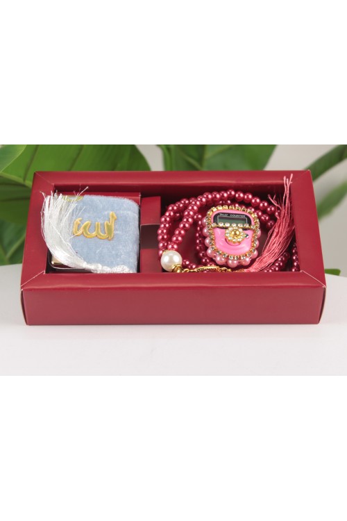 Bordo Lüx Üçlü Manevi Hediye Seti – Mini Kuran-ı Kerim, Taşlı Zikirmatik ve İnci Tespih