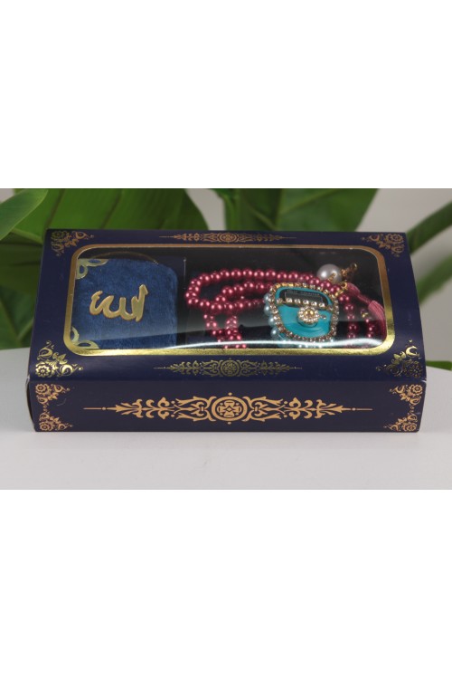Lacivert Lüx Üçlü Manevi Hediye Seti – Mini Kuran-ı Kerim, Taşlı Zikirmatik ve İnci Tespih