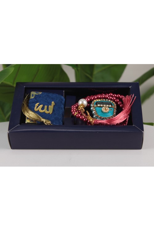 Lacivert Lüx Üçlü Manevi Hediye Seti – Mini Kuran-ı Kerim, Taşlı Zikirmatik ve İnci Tespih