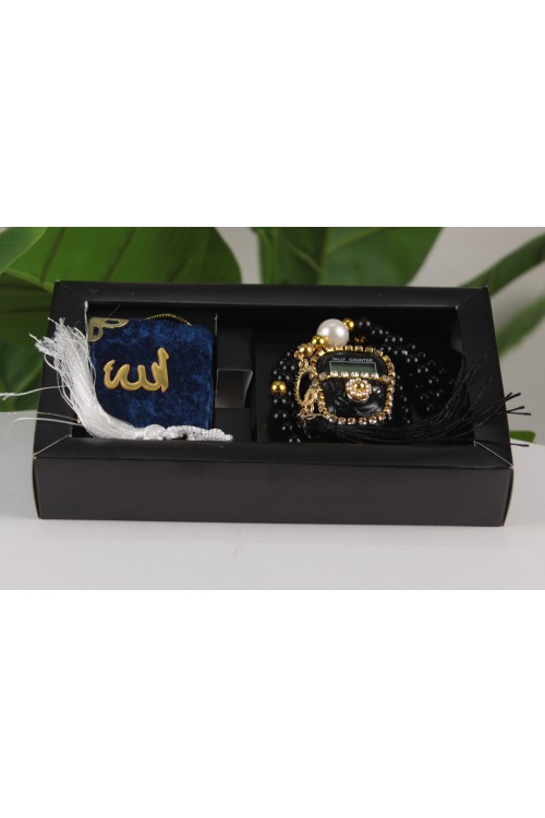 Siyah Lüx Üçlü Manevi Hediye Seti – Mini Kuran-ı Kerim, Taşlı Zikirmatik ve İnci Tespih