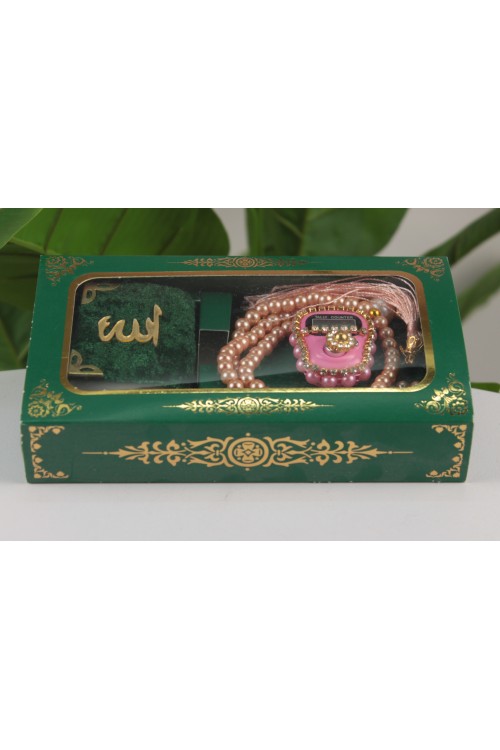 Yeşil Lüx Üçlü Manevi Hediye Seti – Mini Kuran-ı Kerim, Taşlı Zikirmatik ve İnci Tespih