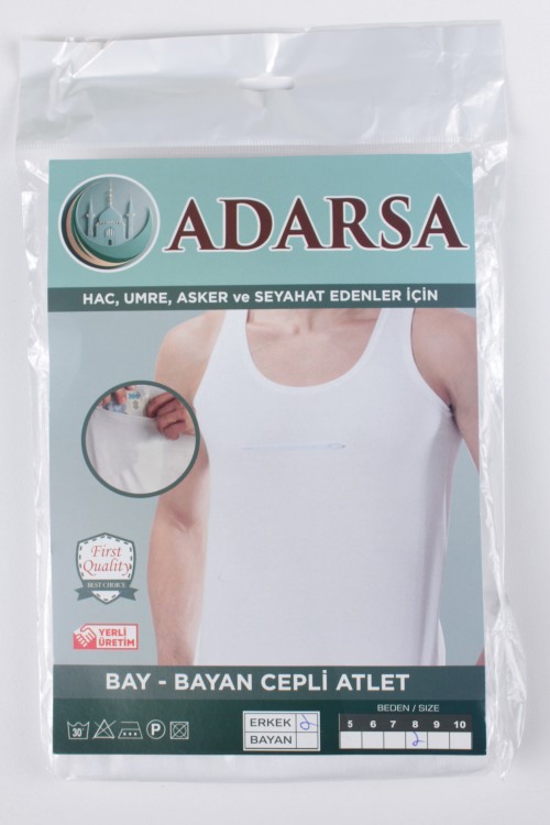 Beyaz Güvenli Cepli Hac ve Umre Atleti – Değerli Eşyalarınız İçin Gizli Bölmeli, %100 Pamuklu Bay ve Bayan Atlet