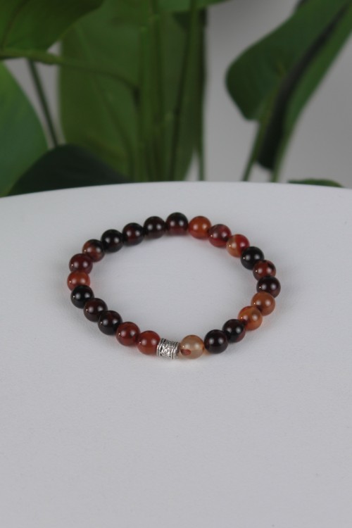 8 mm Doğal Akik Taşı Bileklik – Elastik Yapılı, Gümüş Renkli Metal Detaylı ve Enerji Veren Şık Kadın/Erkek Aksesuar-2