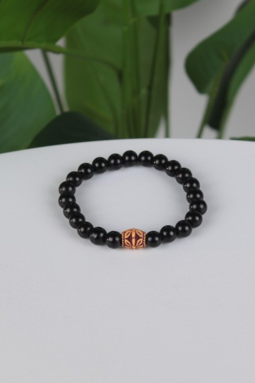 8 mm Doğal Ağaç Bileklik – Ahşap Boncuklu, İşlemeli Turuncu Ara Aparatlı ve Elastik Yapılı Unisex Aksesuar-1