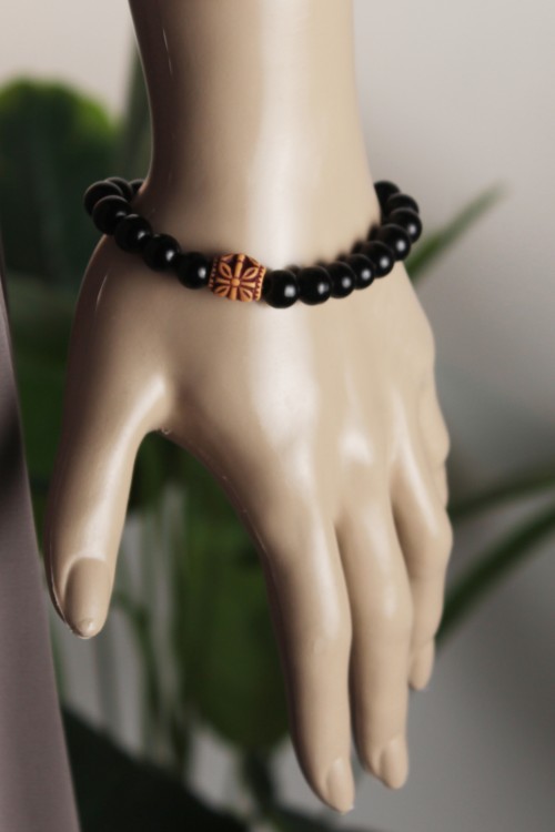 8 mm Doğal Ağaç Bileklik – Ahşap Boncuklu, İşlemeli Turuncu Ara Aparatlı ve Elastik Yapılı Unisex Aksesuar-1