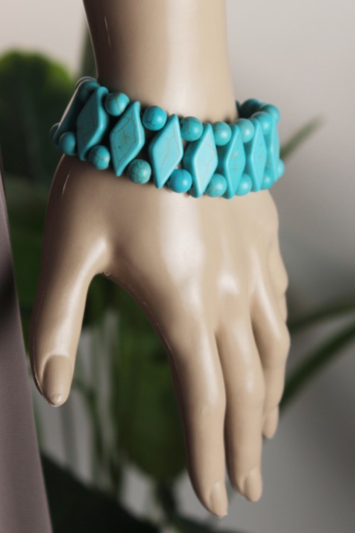 Rolex Model Firuze Doğal Taş Bileklik – Turkuaz Renkli, Geometrik Kesim ve Çift Sıralı Estetik Enerji Aksesuarı