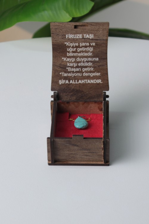 Firuze Taşı Özel Ahşap Kutulu Doğal Taş Kolye Koleksiyonu – Hakiki Şifalı Taşlar, Bilgi Kartlı ve Hediye Konseptli Tasarım Kolyeler
