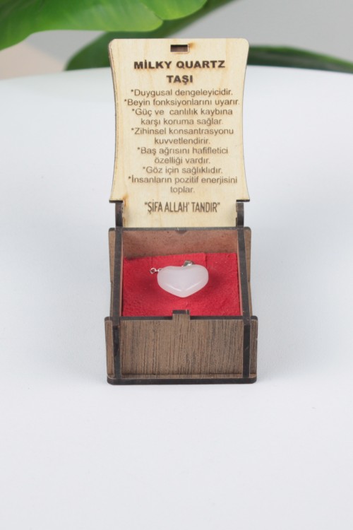 Milky Quartz Taşı Özel Ahşap Kutulu Doğal Taş Kolye Koleksiyonu – Hakiki Şifalı Taşlar, Bilgi Kartlı ve Hediye Konseptli Tasarım Kolyeler