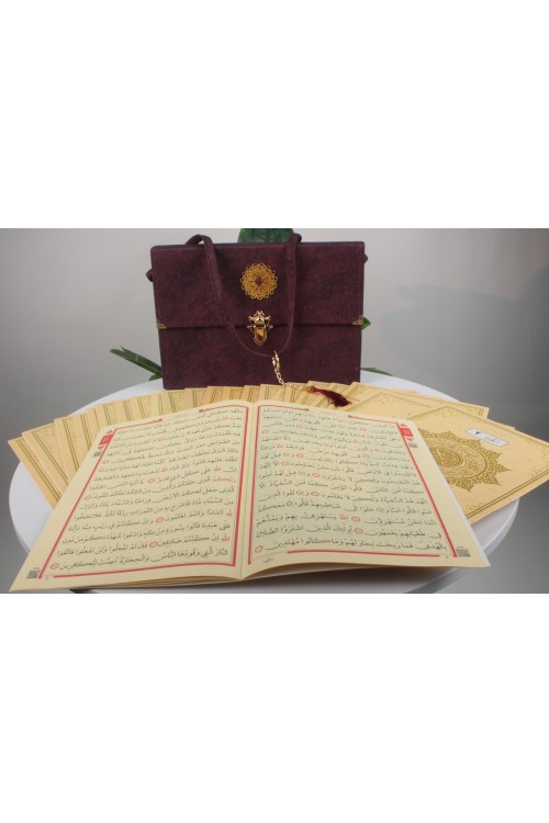 Bordo Rahle Boy Cüzlü Kuran-ı Kerim Seti – 30 Cüz, Şamua Kağıt, Lüks Kadife Çantalı ve Kolay Okunuşlu Hattat Tasarımı
