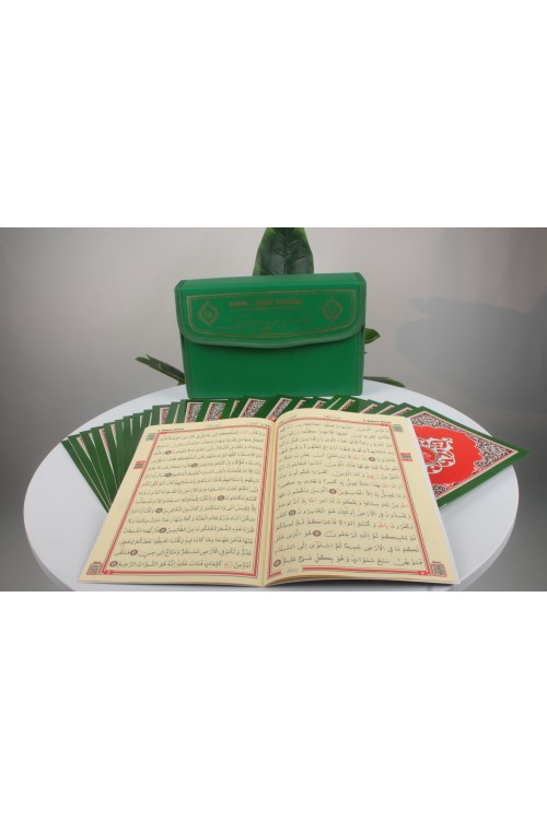 Yeşil Orta Boy Cüzlü Kur'an-ı Kerim Seti – 30 Cüz, Şamua Kağıt, Özel Çantalı ve Bilgisayar Hatlı Mukabele Takımı