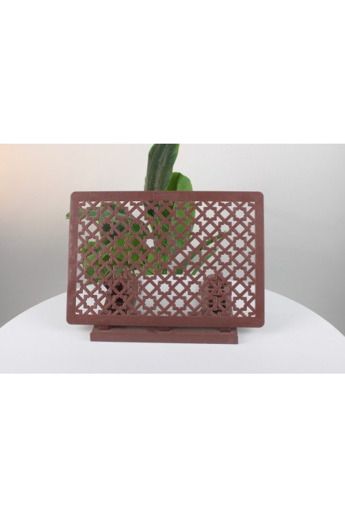 Kahverengi Ayarlanabilir Plastik Masaüstü Rahle – Geometrik Selçuklu Desenli, Kademeli ve Katlanabilir Kitap Okuma Standı