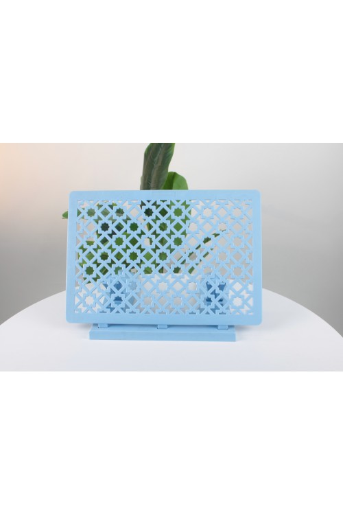 Mavi Ayarlanabilir Plastik Masaüstü Rahle – Geometrik Selçuklu Desenli, Kademeli ve Katlanabilir Kitap Okuma Standı