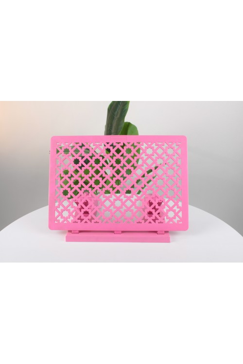 Pembe Ayarlanabilir Plastik Masaüstü Rahle – Geometrik Selçuklu Desenli, Kademeli ve Katlanabilir Kitap Okuma Standı