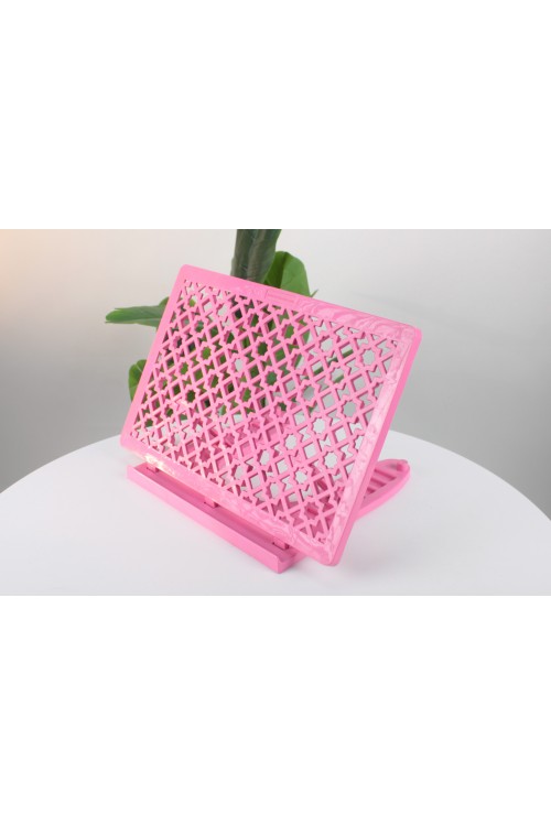 Pembe Ayarlanabilir Plastik Masaüstü Rahle – Geometrik Selçuklu Desenli, Kademeli ve Katlanabilir Kitap Okuma Standı