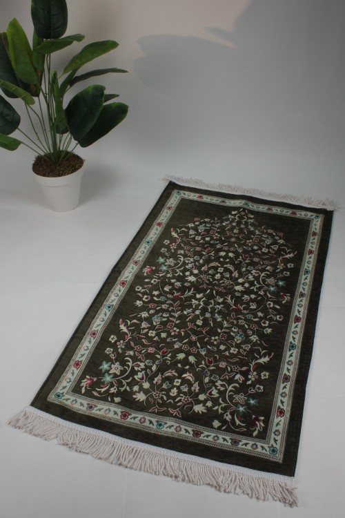 Haki Astarlı Ravza 1. Sınıf Seccade – Jakarlı Dokuma, Lüks Pamuklu Doku ve Çiçek Motifli Premium Namazlık