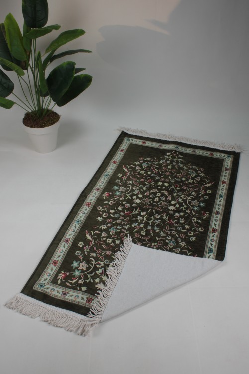 Haki Astarlı Ravza 1. Sınıf Seccade – Jakarlı Dokuma, Lüks Pamuklu Doku ve Çiçek Motifli Premium Namazlık