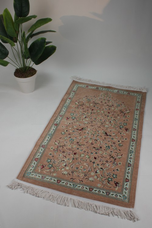 Kahverengi Astarlı Ravza 1. Sınıf Seccade – Jakarlı Dokuma, Lüks Pamuklu Doku ve Çiçek Motifli Premium Namazlık