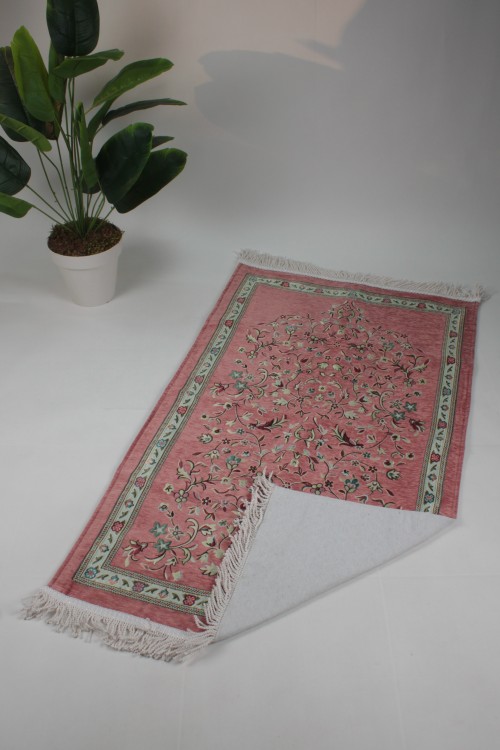 Pembe Astarlı Ravza 1. Sınıf Seccade – Jakarlı Dokuma, Lüks Pamuklu Doku ve Çiçek Motifli Premium Namazlık