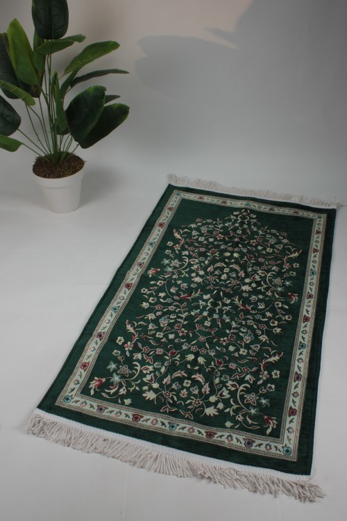 Yeşil Astarlı Ravza 1. Sınıf Seccade – Jakarlı Dokuma, Lüks Pamuklu Doku ve Çiçek Motifli Premium Namazlık