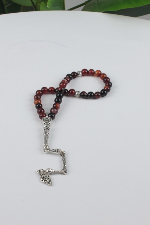 33'lü Damarlı Akik Doğal Taş Tespih – Alpaka Kaplama İmameli, Hematit Ara Duraklı ve Koleksiyonluk Enerji Aksesuarı