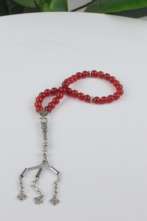 33'lü Kızıl Akik Doğal Taş Tespih – Alpaka Kaplama İmameli, Üçlü Sistemli Kamçı ve Canlı Enerji Kaynağı