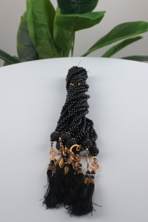 Böğürtlenli 6 mm Cam İnci 99’lu Namaz Tesbihi – 10’lu Ekonomik Deste, Altın Renk Vav Detaylı ve İpek Püsküllü Hediyelik Tesbih Seti