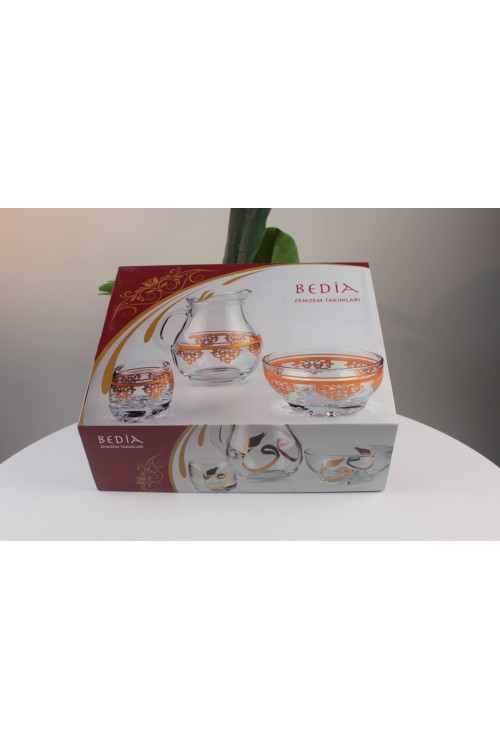 9 Parça Lüks Cam Zemzem Takımı – Altın Sarısı Detaylı, Şık Sürahi ve 6 Adet Bardaklı Hediyelik Set