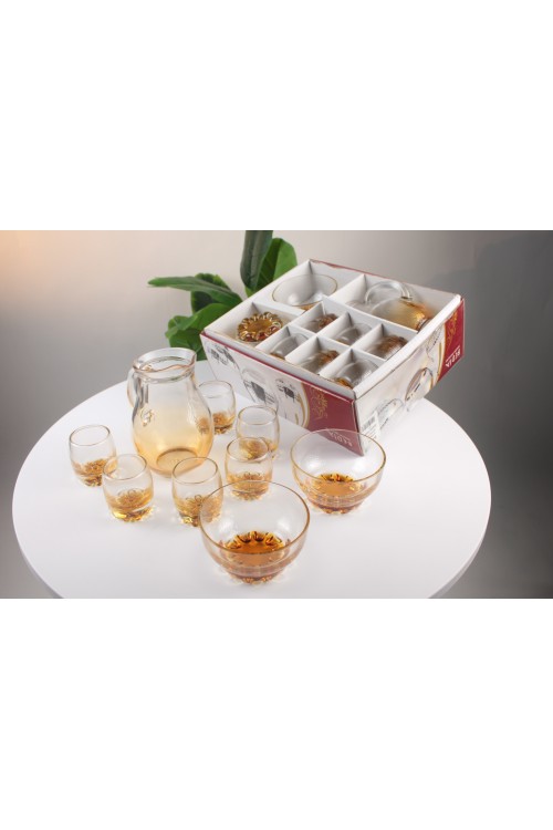 9 Parça Lüks Cam Zemzem Takımı – Altın Sarısı Detaylı, Şık Sürahi ve 6 Adet Bardaklı Hediyelik Set