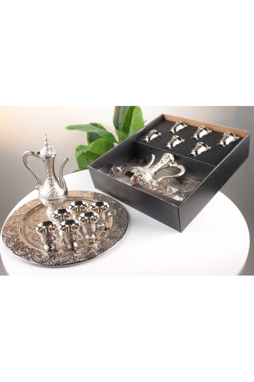 Busem Gümüş Büyük Boy Zemzem Takımı – Osmanlı Motifli, Gümüş Kaplama Görünümlü 8 Parça Lüks İkram Seti